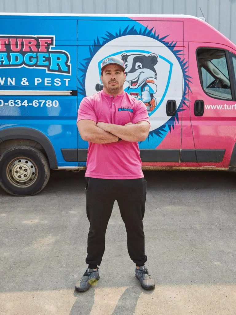 Jonas Olson in front of a Turf Badger service van