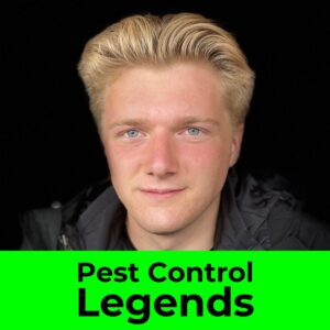 “Pest Control Legends” podcast cover featuring a young blond man against a black background with a green title banner
