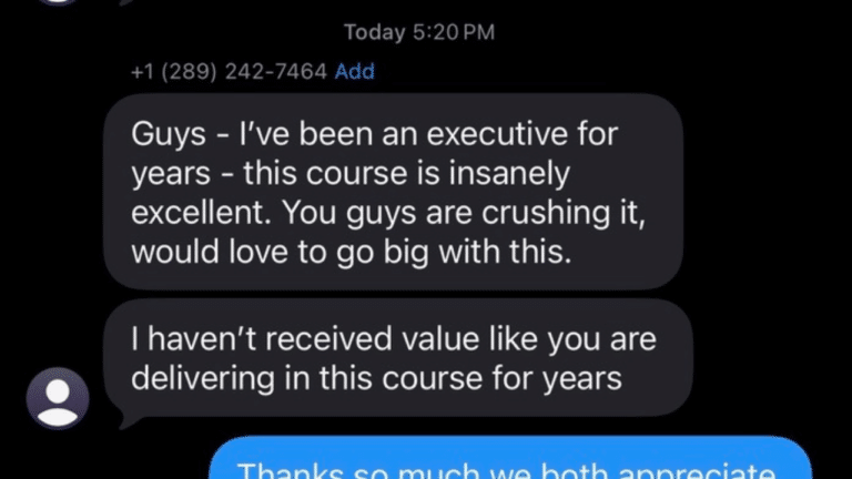Text message from a Pest Control Millionaires member at 5:20 PM: Guys - I’ve been an executive for years - this course is insanely excellent. You guys are crushing it, would love to go big with this. Follow-up message: I haven’t received value like you are delivering in this course for years.