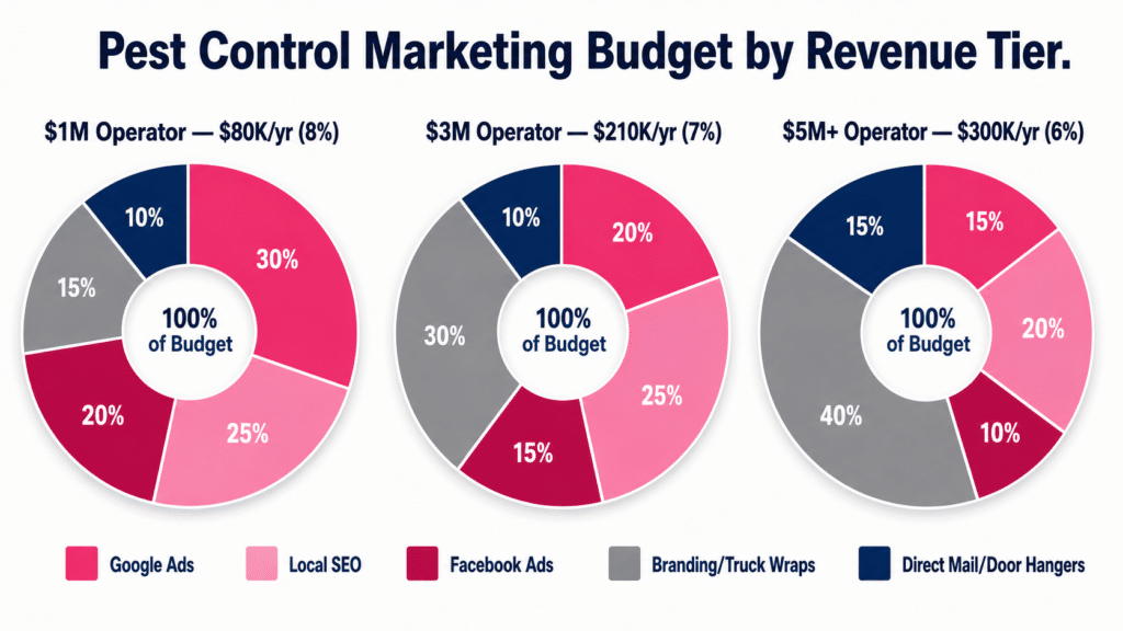 Pest Control Marketing Budget by Revenue Tier three donut charts: $1M operator spends $80K per year at 8 percent of revenue, $3M operator spends $210K per year at 7 percent, $5M+ operator spends $300K per year at 6 percent, split across Google Ads, Local SEO, Facebook Ads, Branding/Truck Wraps, and Direct Mail/Door Hangers