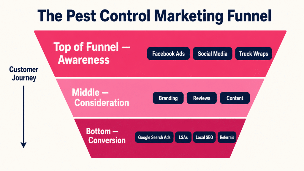 The Pest Control Marketing Funnel inverted trapezoid with three horizontal bands: Top of Funnel Awareness with Facebook Ads Social Media Truck Wraps, Middle Consideration with Branding Reviews Content, Bottom Conversion with Google Search Ads LSAs Local SEO Referrals