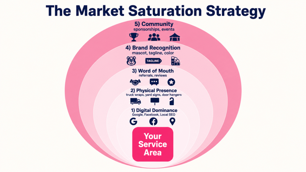 The Market Saturation Strategy framework diagram with central Your Service Area square and five concentric layers: Digital Dominance (Google Facebook Local SEO), Physical Presence (truck wraps yard signs door hangers), Word of Mouth (referrals reviews), Brand Recognition (mascot tagline color), and Community (sponsorships events)