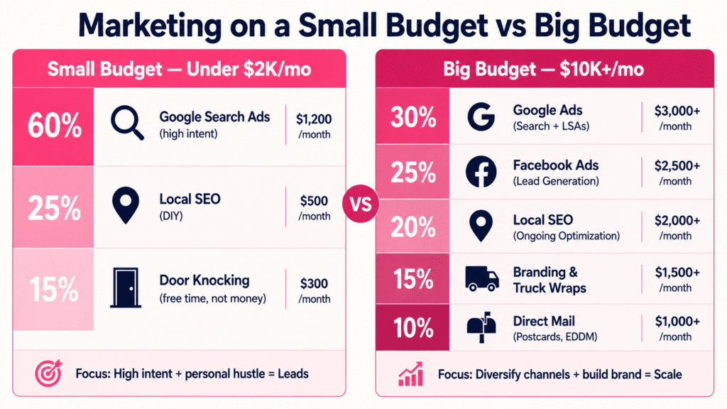 Pest Control Marketing on a Small Budget vs Big Budget side-by-side comparison: Small Budget under $2K per month splits 60 percent Google Search Ads $1,200, 25 percent Local SEO DIY $500, 15 percent Door Knocking $300, focus high intent plus personal hustle equals leads. Big Budget $10K+ per month splits 30 percent Google Ads $3,000+, 25 percent Facebook Ads $2,500+, 20 percent Local SEO $2,000+, 15 percent Branding and Truck Wraps $1,500+, 10 percent Direct Mail $1,000+, focus diversify channels plus build brand equals scale