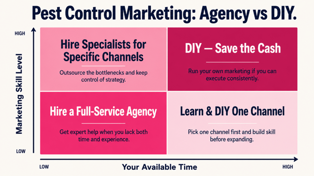Pest Control Marketing Agency vs DIY 2x2 decision matrix with X-axis Your Available Time and Y-axis Marketing Skill Level: top-right (high skill, high time) DIY Save the Cash, top-left (high skill, low time) Hire Specialists for Specific Channels, bottom-right (low skill, high time) Learn and DIY One Channel, bottom-left (low skill, low time) Hire a Full-Service Agency