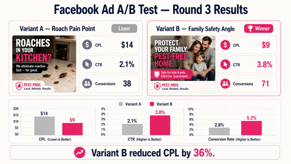 Facebook Ad A/B Test Round 3 Results dashboard mockup comparing two variants for pest control: Variant A Roach Pain Point marked Loser with $14 CPL, 2.1 percent CTR, 38 conversions. Variant B Family Safety Angle marked Winner with $9 CPL, 3.8 percent CTR, 71 conversions. Bar chart below compares the two variants across CPL CTR and Conversion Rate. Summary: Variant B reduced CPL by 36 percent
